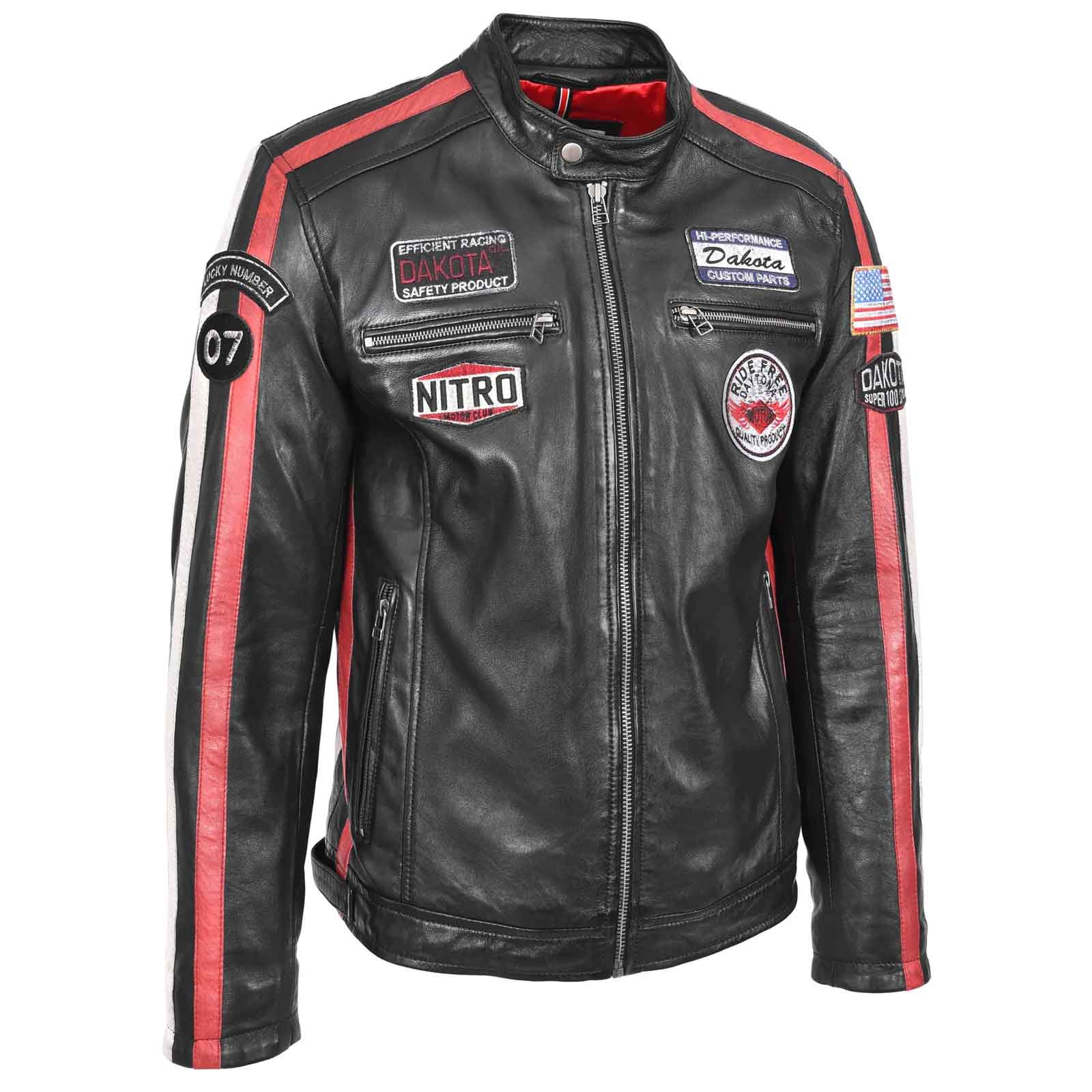 Men’s Black Leather Biker Jacket with Motorsport Logos – Bobby Racer Jacket