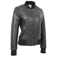 Women’s Real Leather Varsity Bomber Jacket Black – Sally Quilted Design