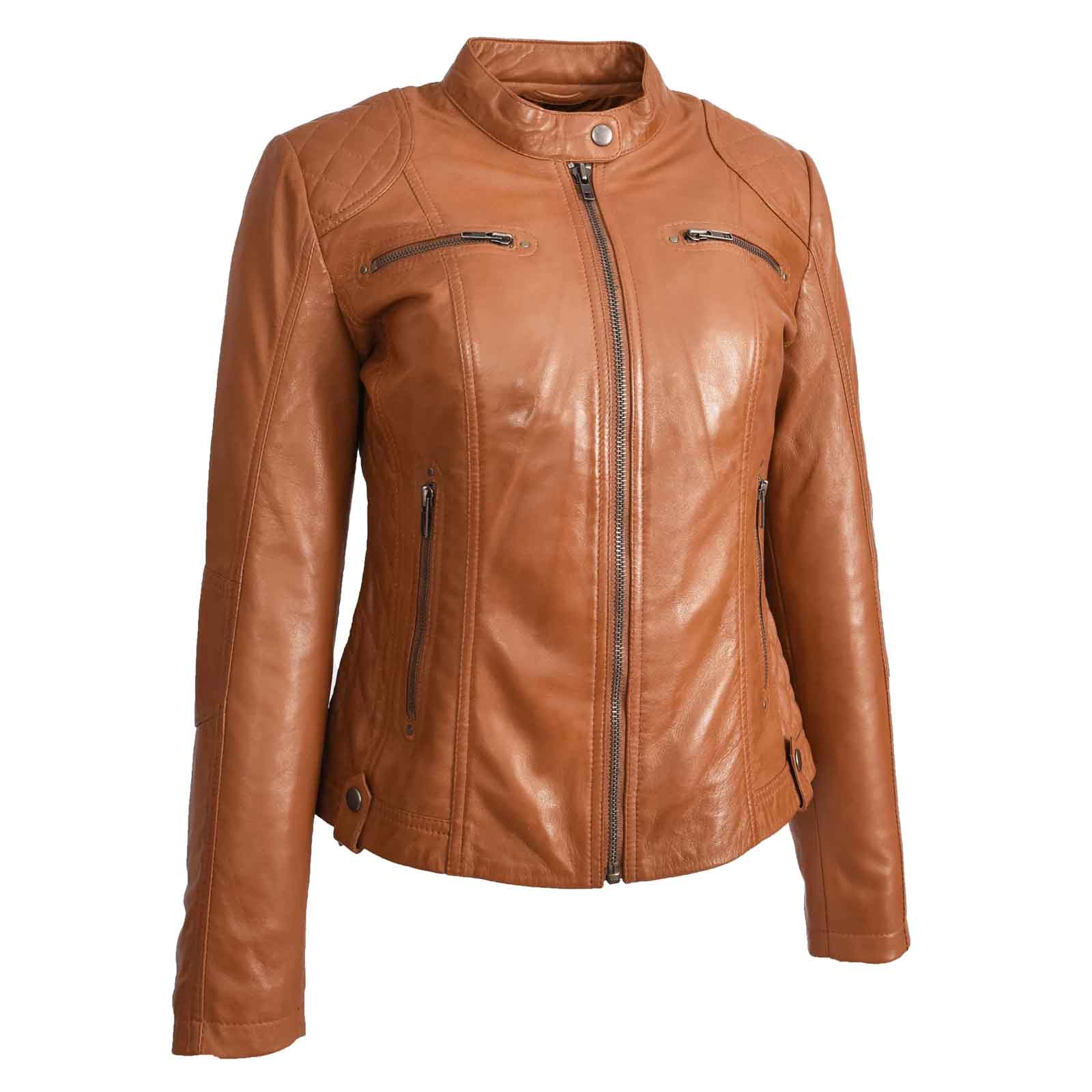 Women’s Soft Tan Leather Biker Jacket – Fitted Quilted Cafe Racer Style | Fiona