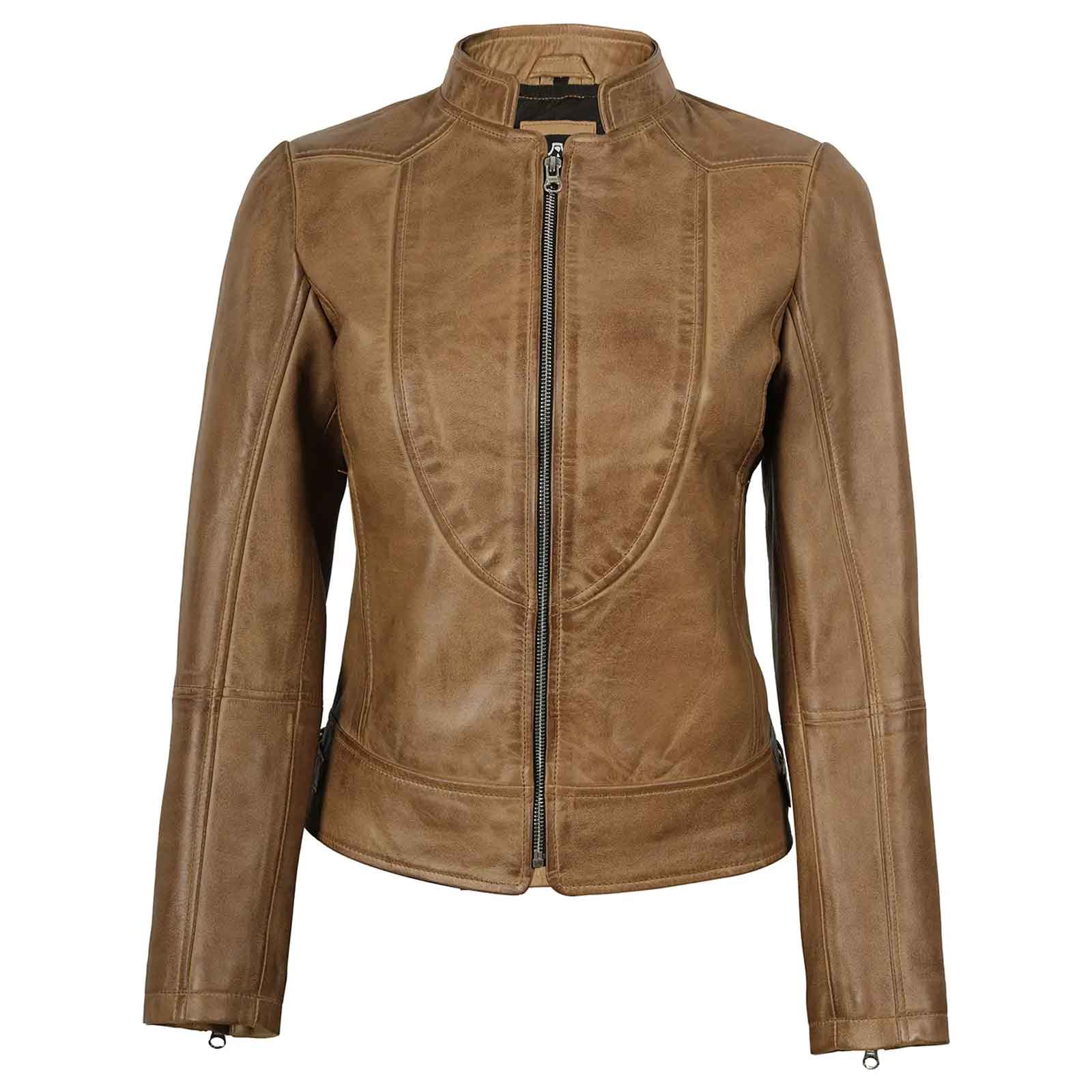 Women’s Camel Brown Leather Biker Jacket – Amy Lambskin | Regals Leather