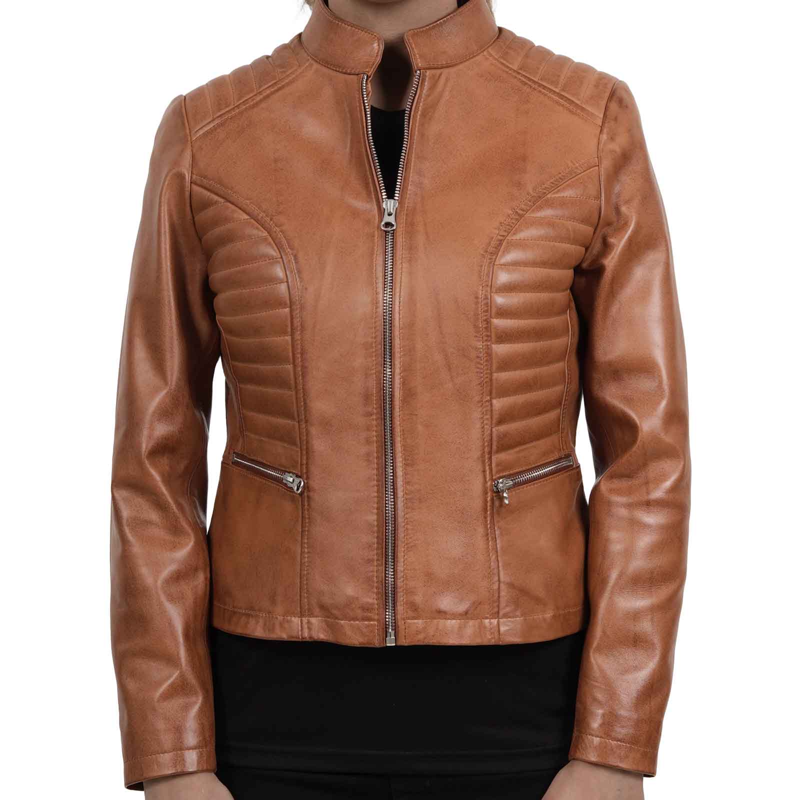 Women’s Tan Real Leather Cafe Racer Jacket – Rachel Biker Style