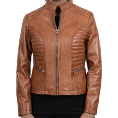 Women’s Tan Real Leather Cafe Racer Jacket – Rachel Biker Style