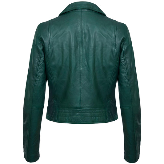 Green Lambskin Leather Biker Jacket For Women  Slim Fit Racer Style