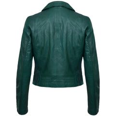 Green Lambskin Leather Biker Jacket For Women  Slim Fit Racer Style