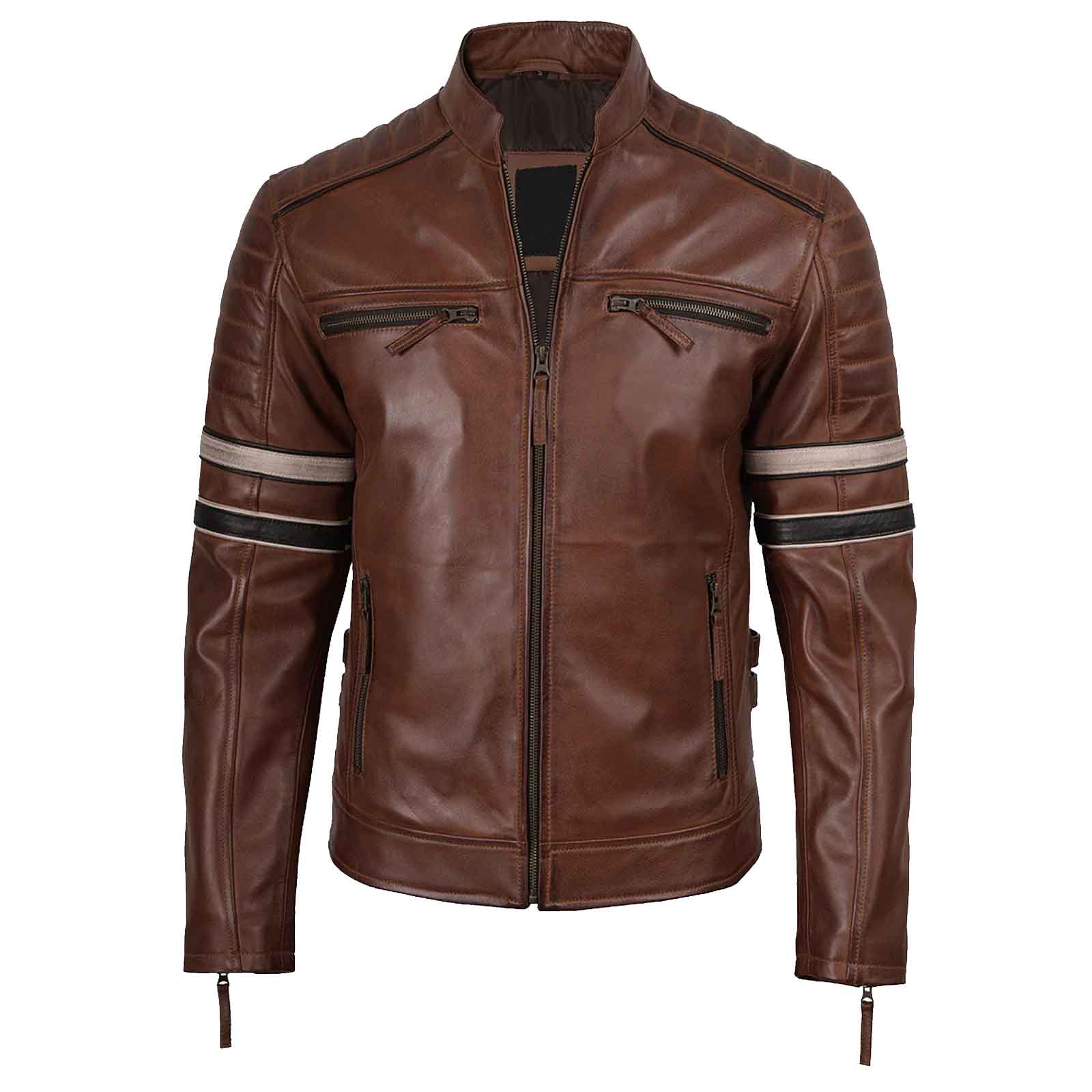 Biker Men's Cognac Brown Leather Racer Jacket with Black and Beige Stripes