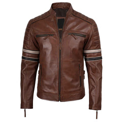 Biker Men's Cognac Brown Leather Racer Jacket with Black and Beige Stripes
