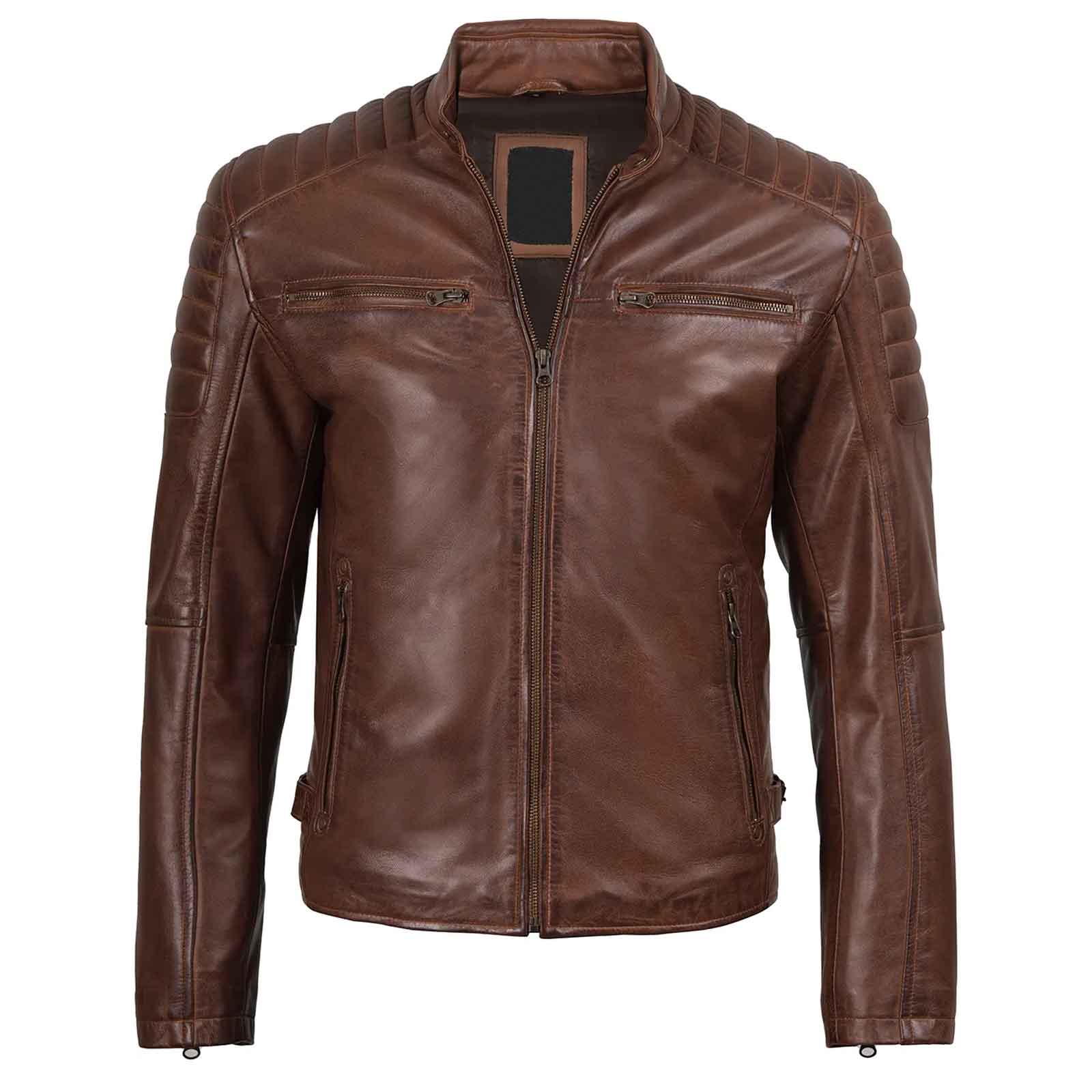 Men's Cognac Brown Cafe Racer Biker Style Genuine Leather Jacket