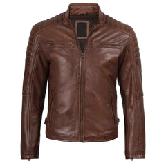 Men's Cognac Brown Cafe Racer Biker Style Genuine Leather Jacket