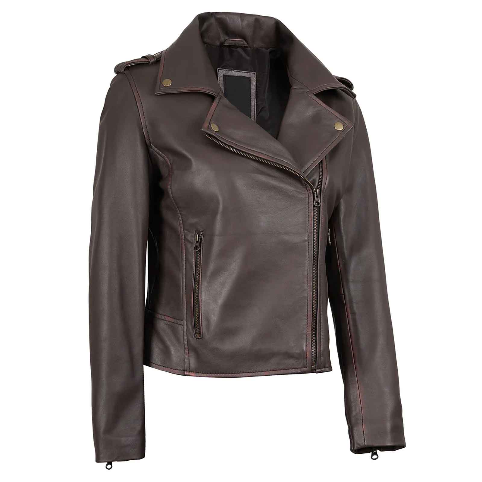 Regals Leather Vintage Women's Dark Brown Asymmetrical Leather Jacket