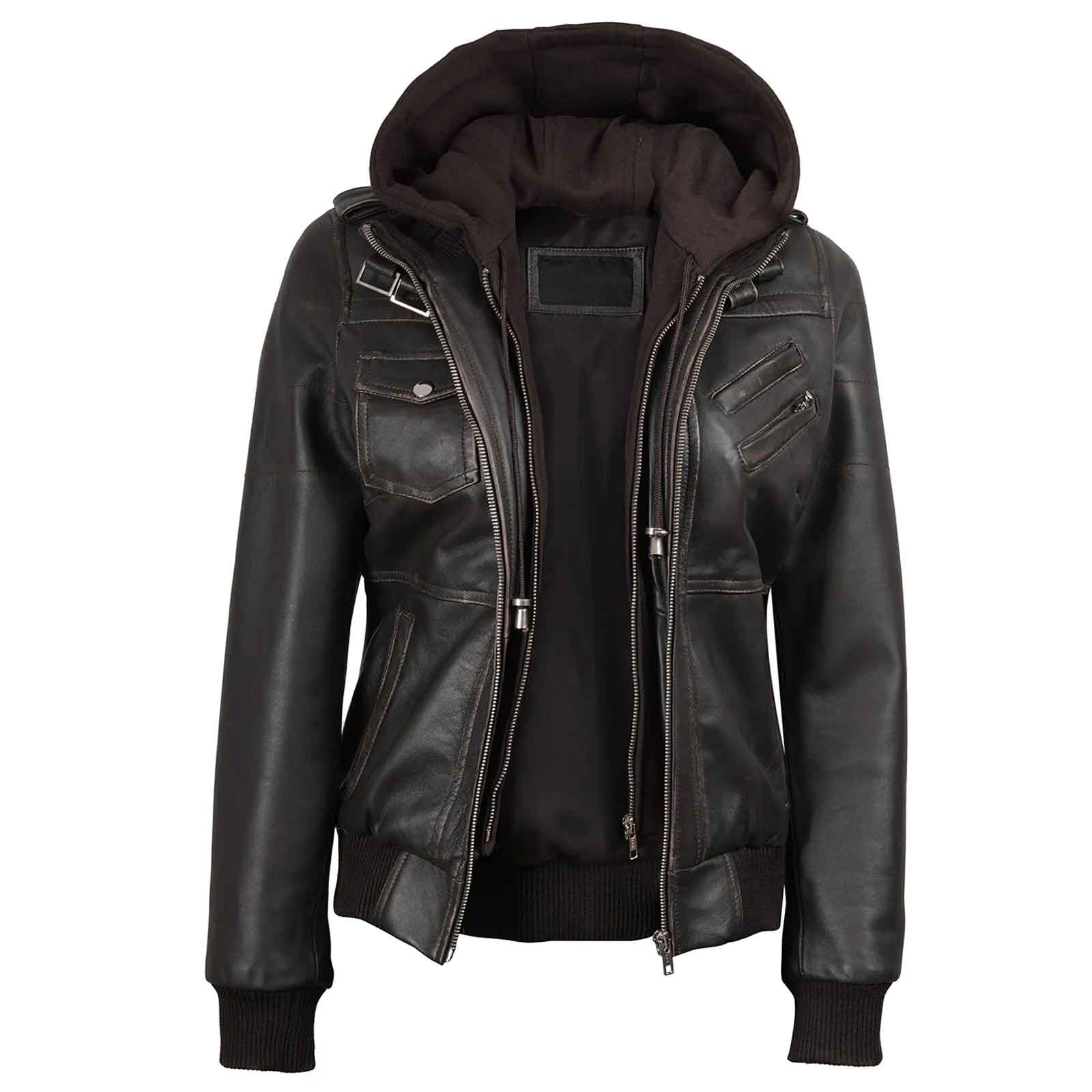 Dark Brown Rub Off Leather Jacket for Women with Removable Hood – Premium Casual Wear
