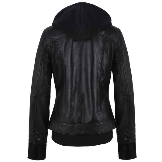 Onyx Women’s Hooded Black Leather Bomber Jacket – Classic Genuine Leather Outerwear for Fall & Winter