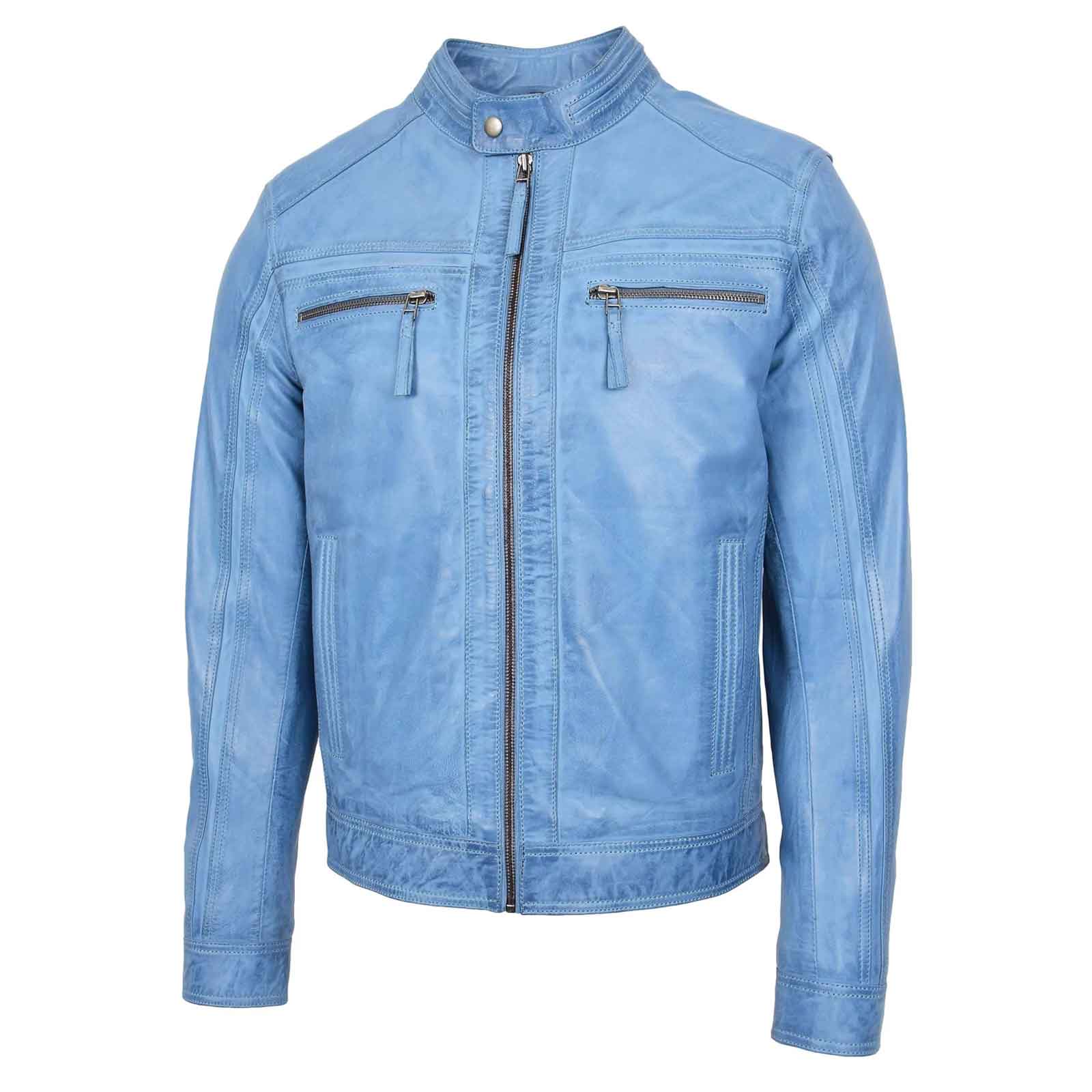 Men’s Sky Blue Leather Cafe Racer Jacket – Charlie Biker Style | Regals Leather