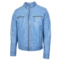 Men’s Sky Blue Leather Cafe Racer Jacket – Charlie Biker Style | Regals Leather