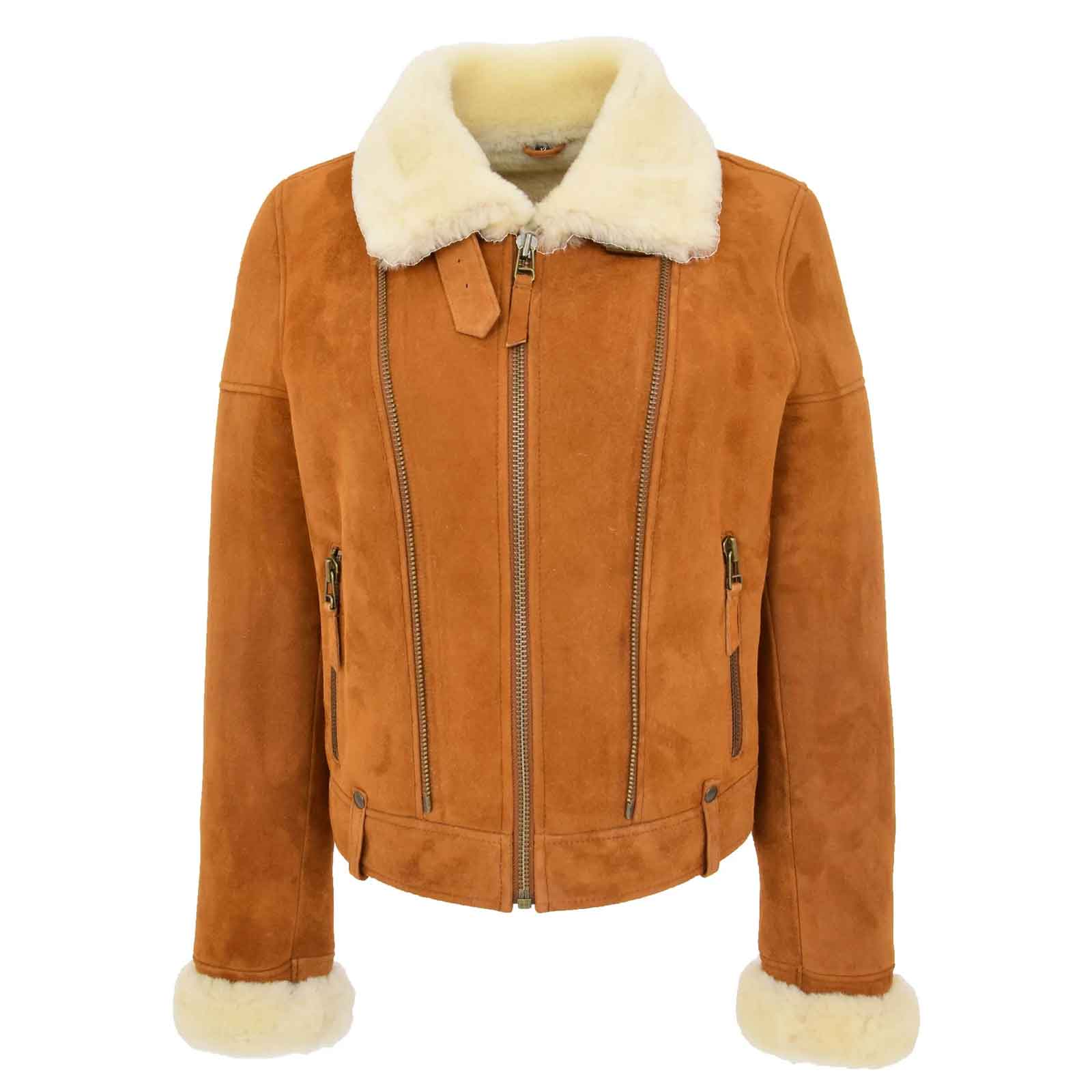 Regals Leather Women’s Sheepskin Aviator Pilot Jacket in Tan White
