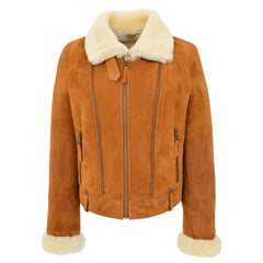 Regals Leather Women’s Sheepskin Aviator Pilot Jacket in Tan White