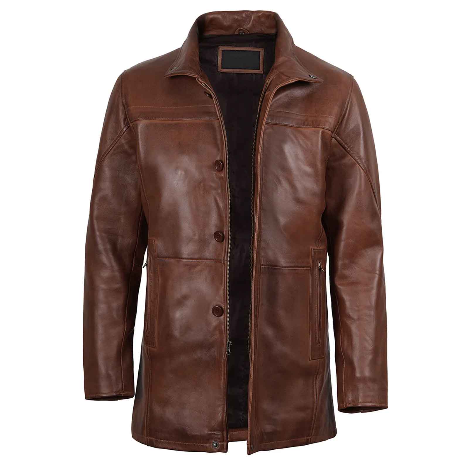 Regals Leather Durable Bristol Men's Vintage Cognac Brown Leather Car Coat