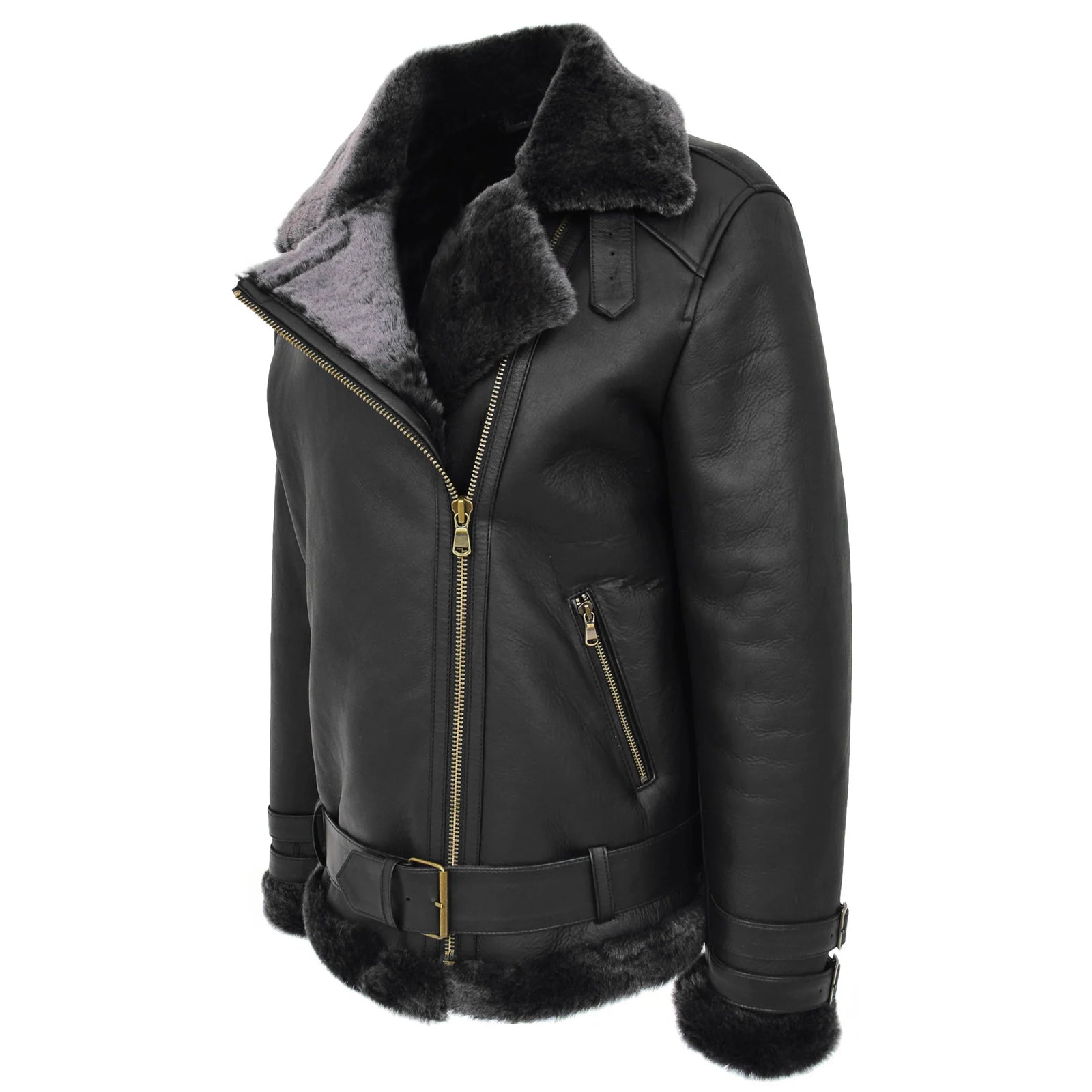 Women's Sheepskin Aviator Pilot Jacket – Lena Black Cross Zip Leather Jacket