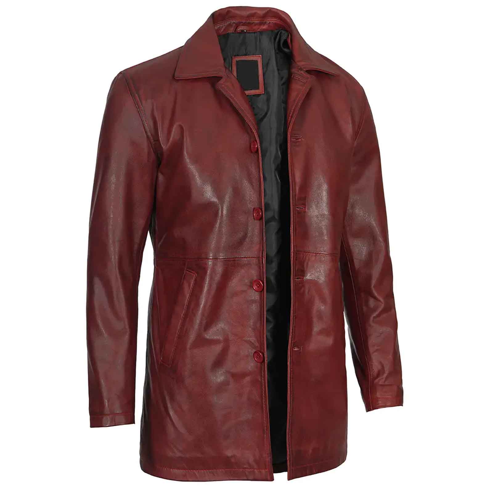Burgundy Men’s Real Lambskin Leather Car Coat Genuine Leather Long Jacket