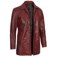 Burgundy Men’s Real Lambskin Leather Car Coat Genuine Leather Long Jacket