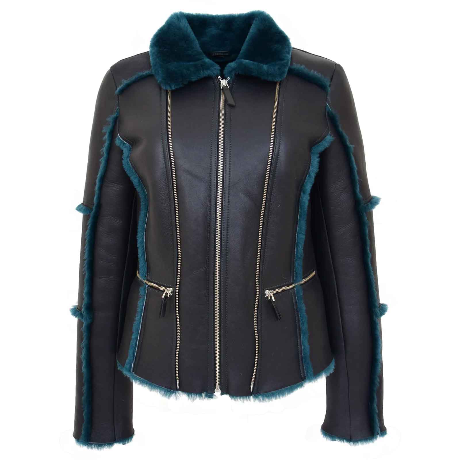 Women’s Sheepskin Aviator Pilot Jacket – Valerie Black Green Shearling Coat