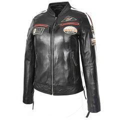 Women’s Black Leather Cafe Racer Biker Jacket – Motorcycle Style with Rosa Badges