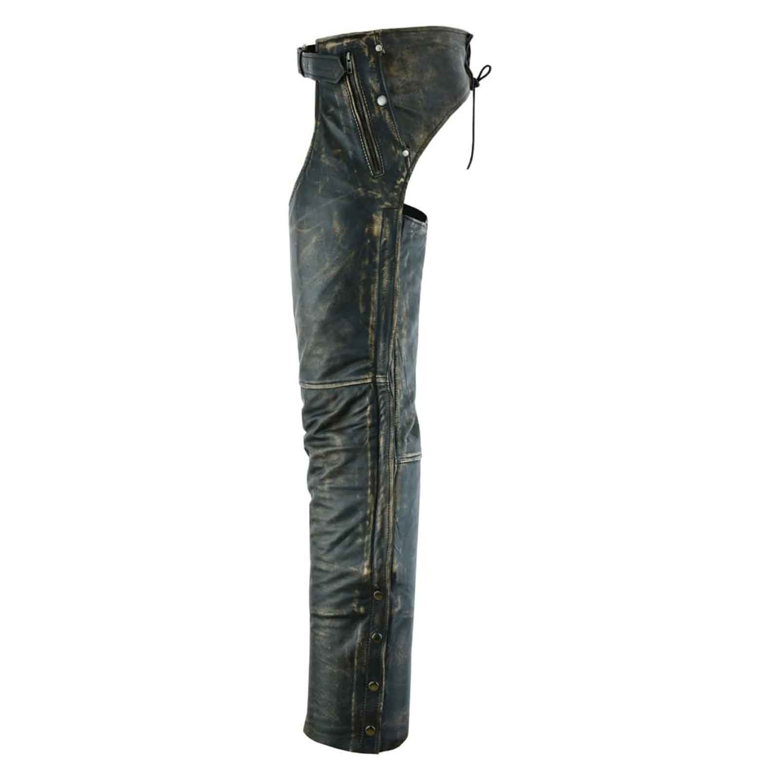 Mens Distressed Brown Leather Motorcycle Chaps with Zip Out Liner - Durable, Adjustable, and Stylish