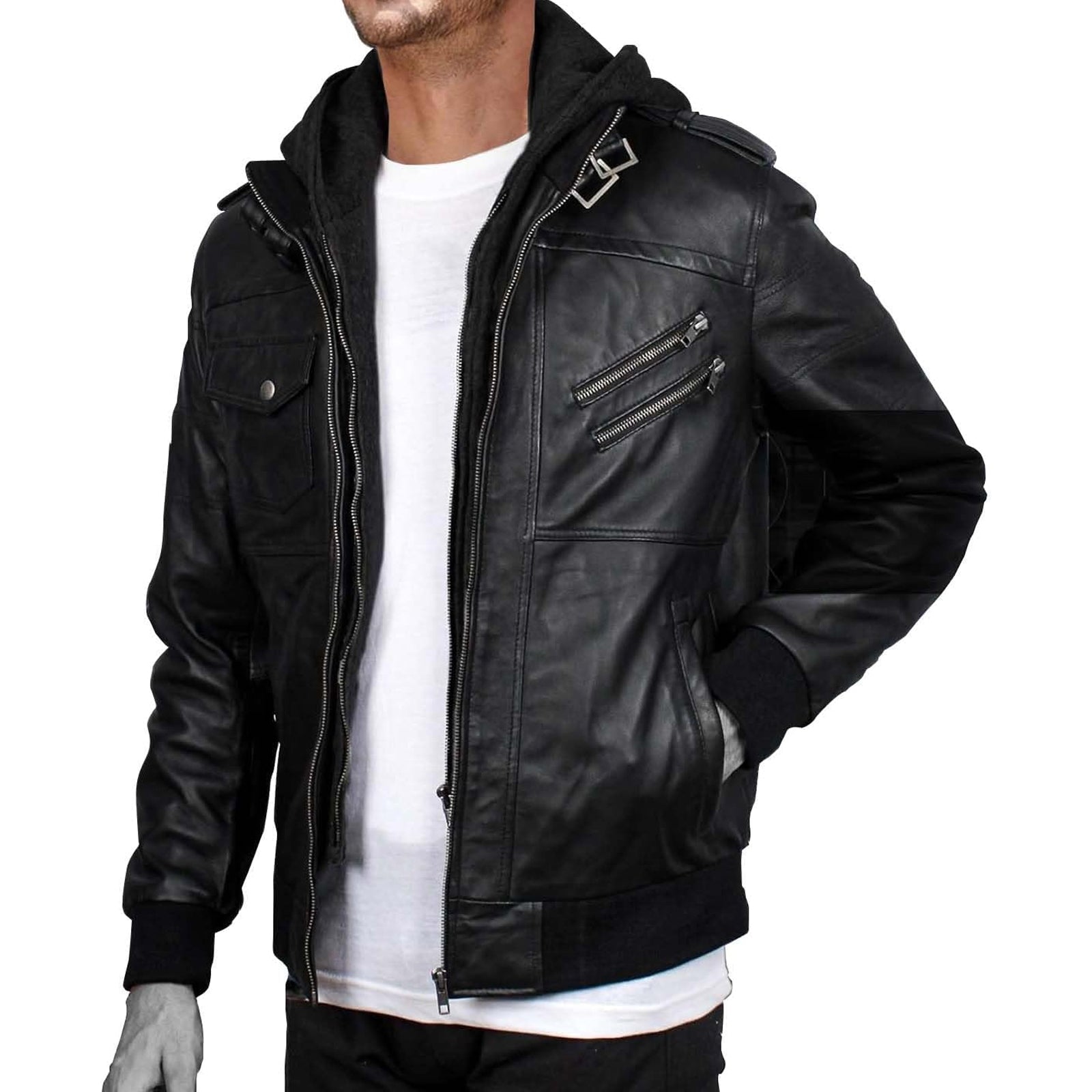 Mens Leather Jacket Geniune Motorcycle Fashion Jacket Men With Removable Hood Leather Jacket Black