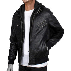 Mens Leather Jacket Geniune Motorcycle Fashion Jacket Men With Removable Hood Leather Jacket Black