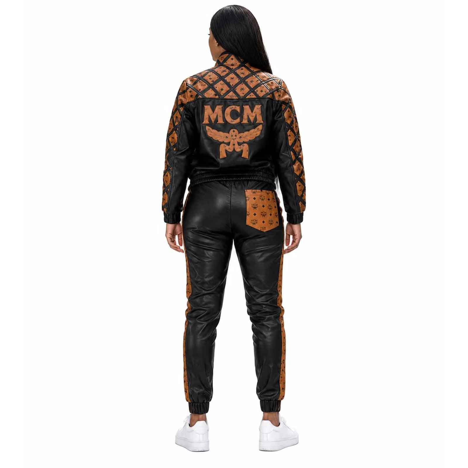 Women’s MCM Genuine Leather Tracksuit Set | Luxury Streetwear Jacket, Pants & Hat