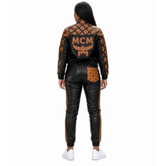 Women’s MCM Genuine Leather Tracksuit Set | Luxury Streetwear Jacket, Pants & Hat