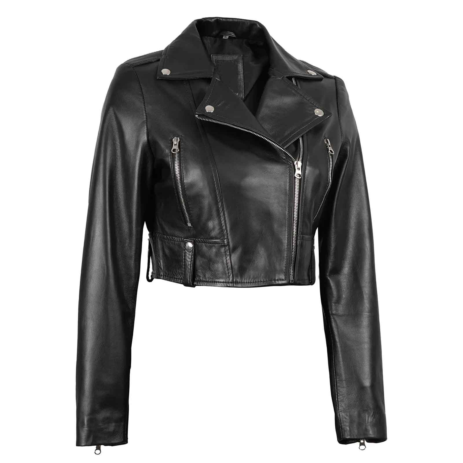 Genuine Lambskin Colleen Women’s Cropped Black Biker Style Leather Jacket