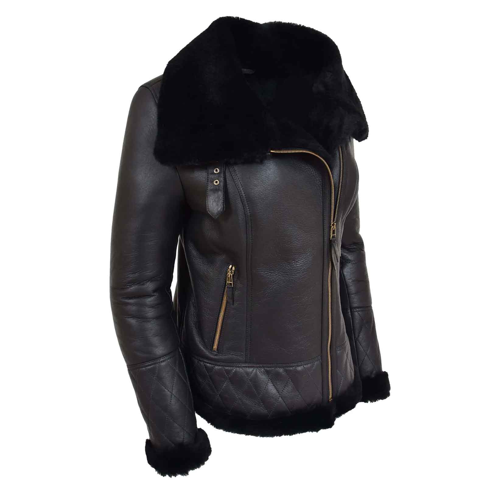 Women’s Merino Sheepskin Aviator Leather Jacket – Isabelle Black | Regals Leather