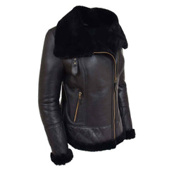 Women’s Merino Sheepskin Aviator Leather Jacket – Isabelle Black | Regals Leather