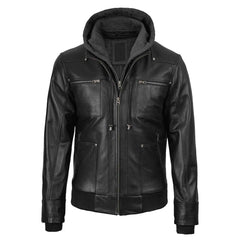 Men's Black Bomber Lambskin Leather Jacket with Removable Hood