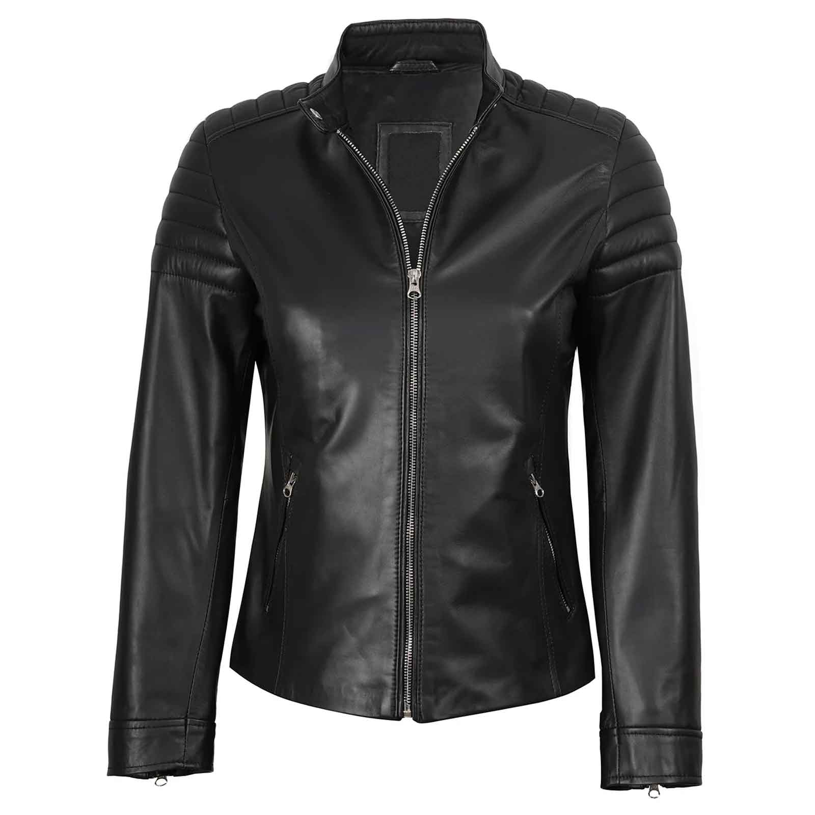 Vintage Women's Black Cafe Racer Lambskin Leather Jacket | Regals Leather