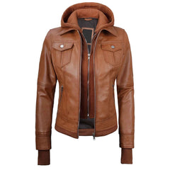 Regals Leather Tralee Women's Tan Brown Wax Bomber Leather Jacket With Removable Hood