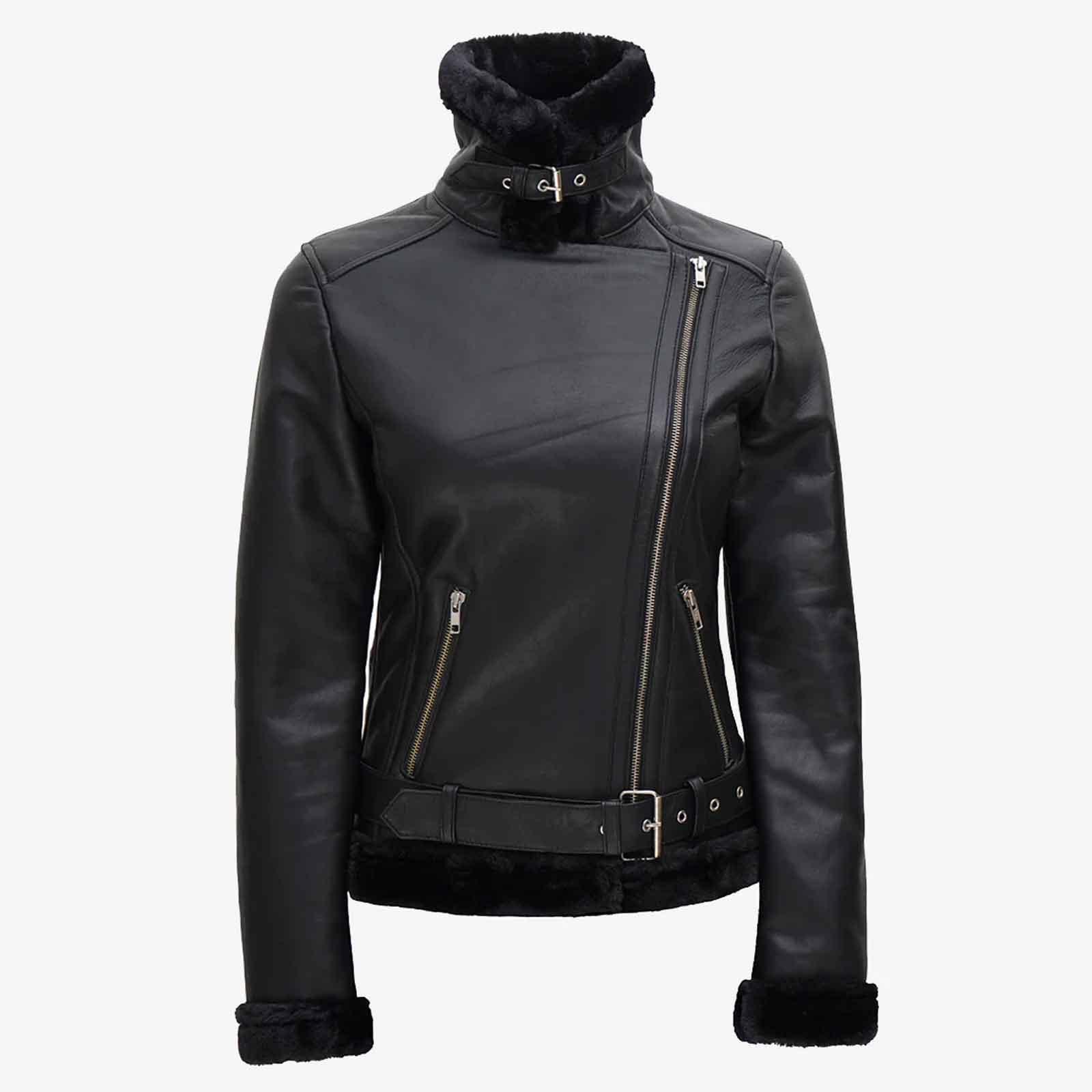 Women's Black Asymmetrical Shearling Real Leather Jacket | Regals Leather