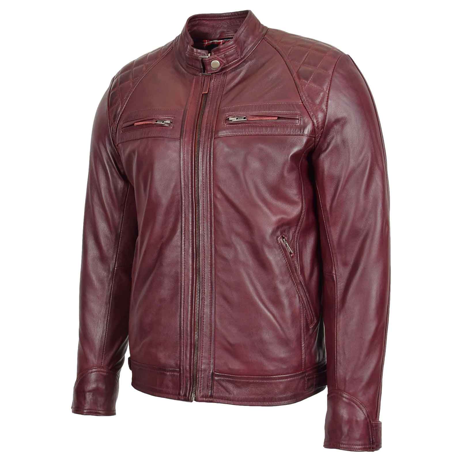 Men’s Burgundy Standing Collar Leather Jacket – Slim Fit Biker by Regals Leather
