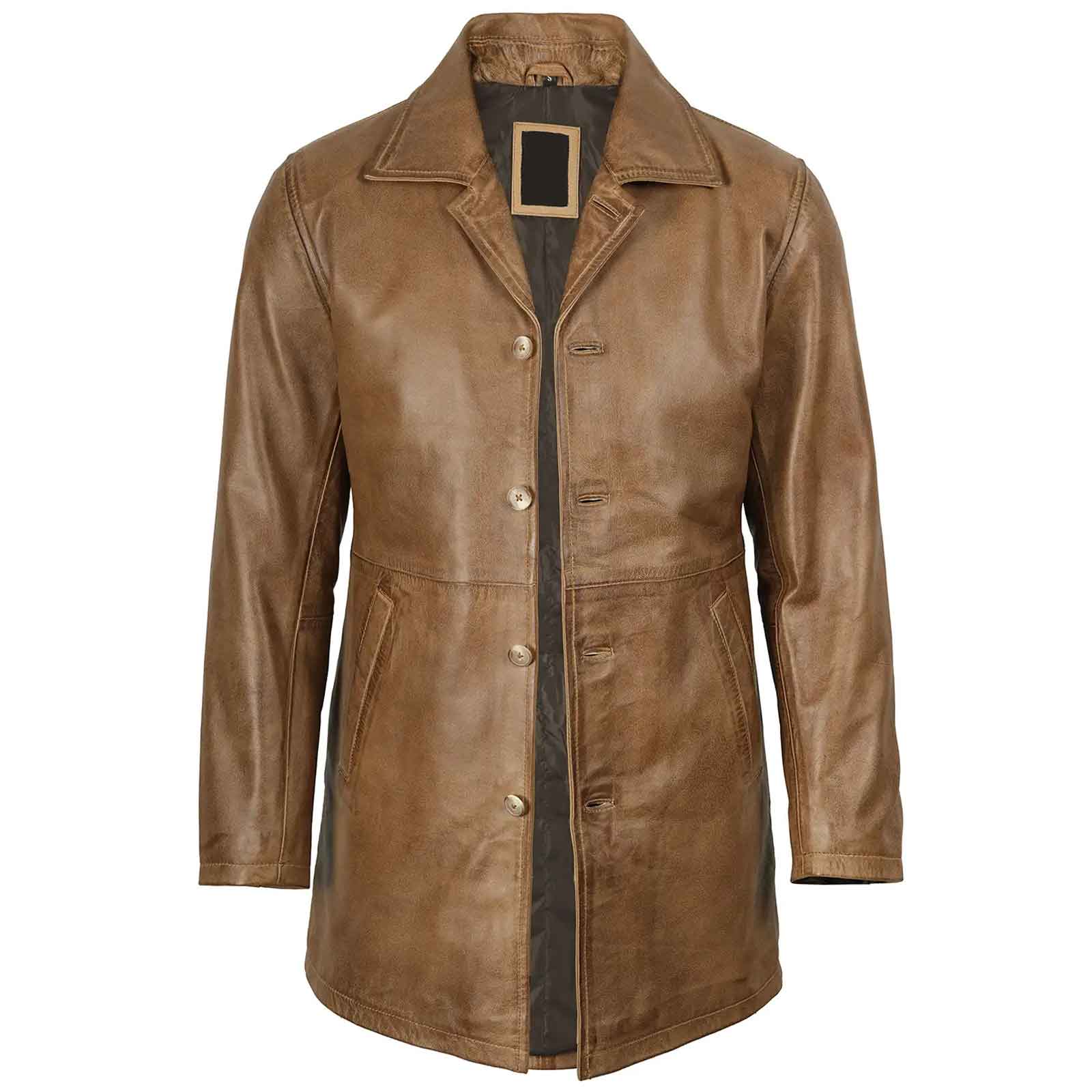 Men's Camel Brown 3/4 Length Leather Car Coat Genuine Lambskin Jacket