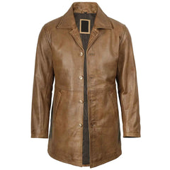 Men's Camel Brown 3/4 Length Leather Car Coat Genuine Lambskin Jacket