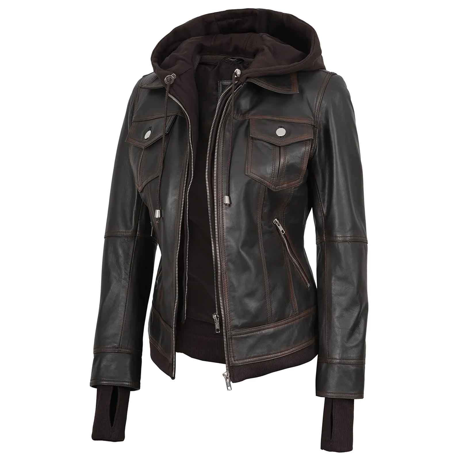 Tralee Women’s Dark Brown Leather Bomber Jacket – Removable Hood | Regals Leather