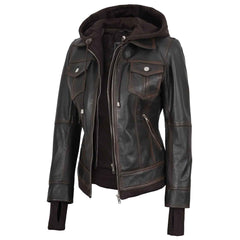 Tralee Women’s Dark Brown Leather Bomber Jacket – Removable Hood | Regals Leather