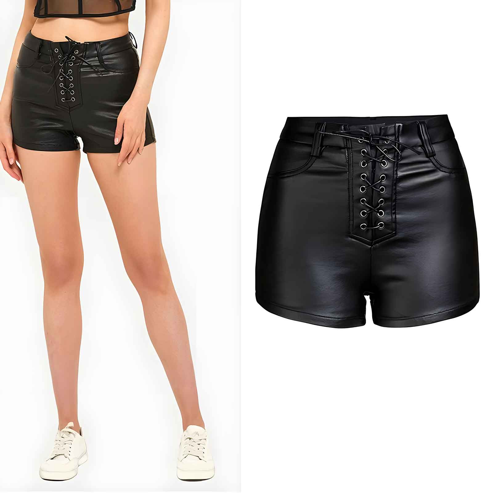 Women’s PU Leather Shorts – High Waist Drawstring Sexy Faux Leather Bottoms