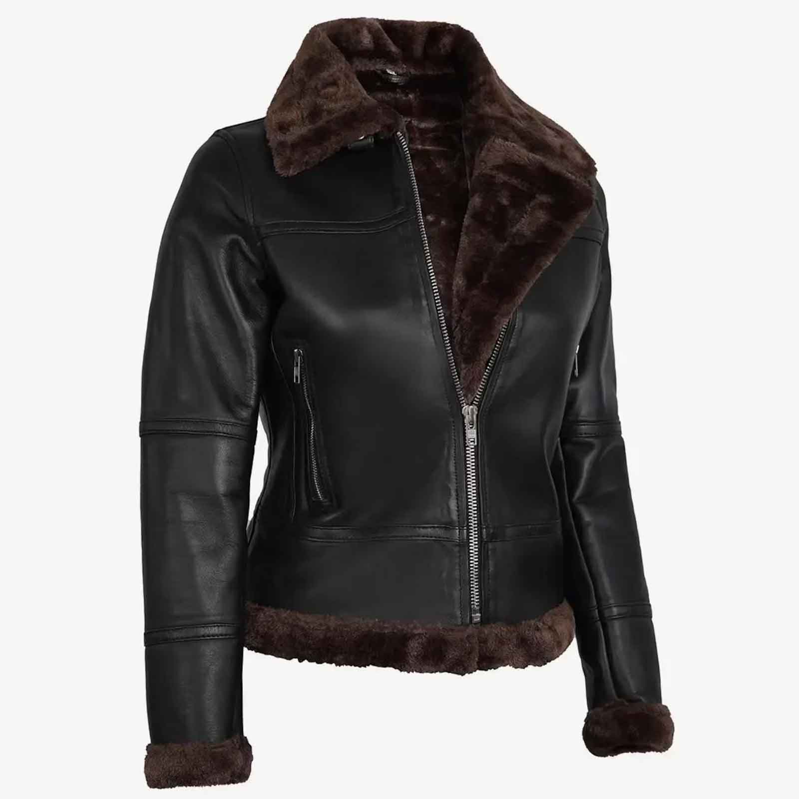 Genuine Leather Shearling Bomber Jacket Women | RAF B3 Aviator Flying Biker Style | Cozy Winter Coat
