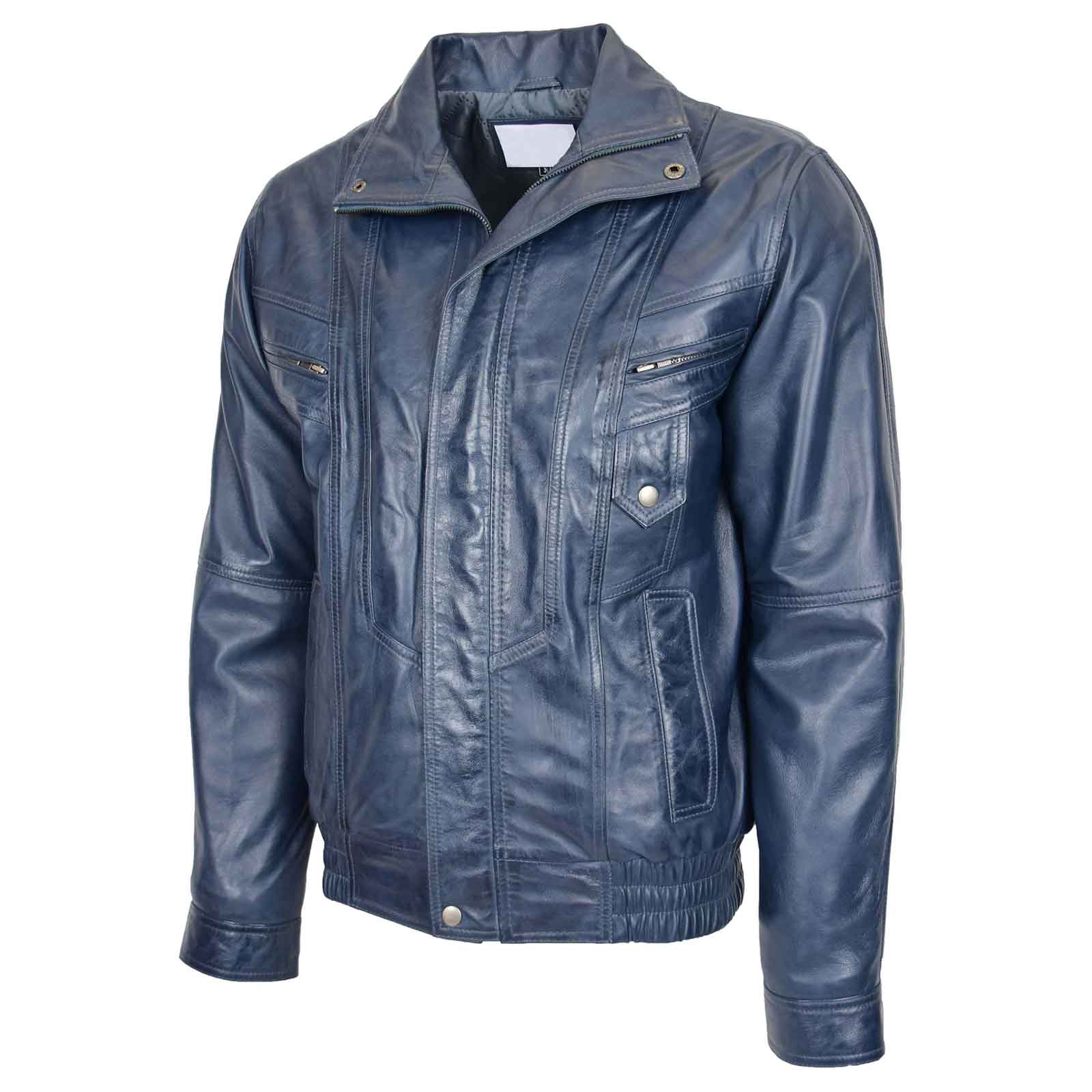 Men’s Leather Bomber Blouson Jacket – Robert Blue Classic Style