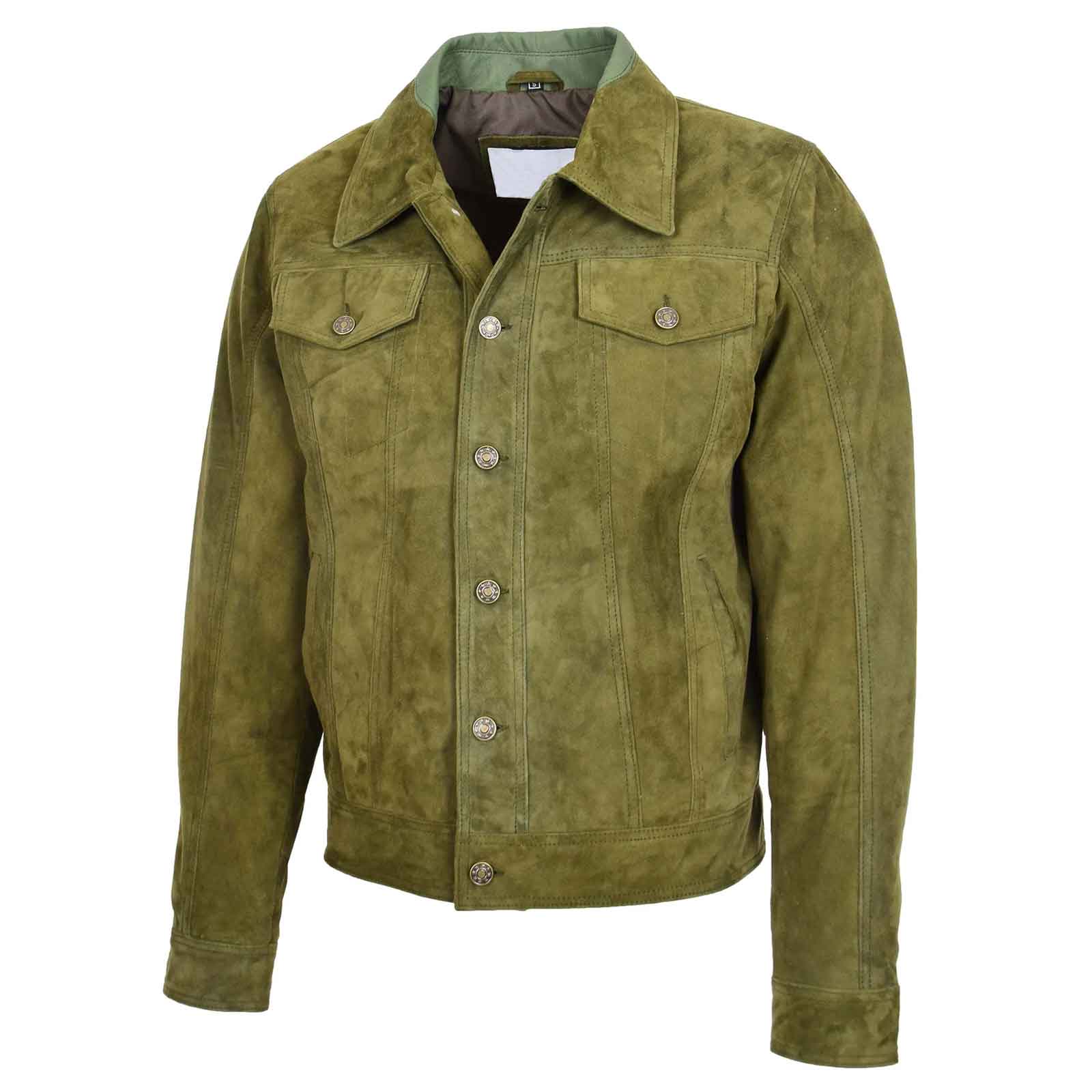 Men’s Real Suede Trucker Harrington Jacket – Daryl Green Goat Suede Classic