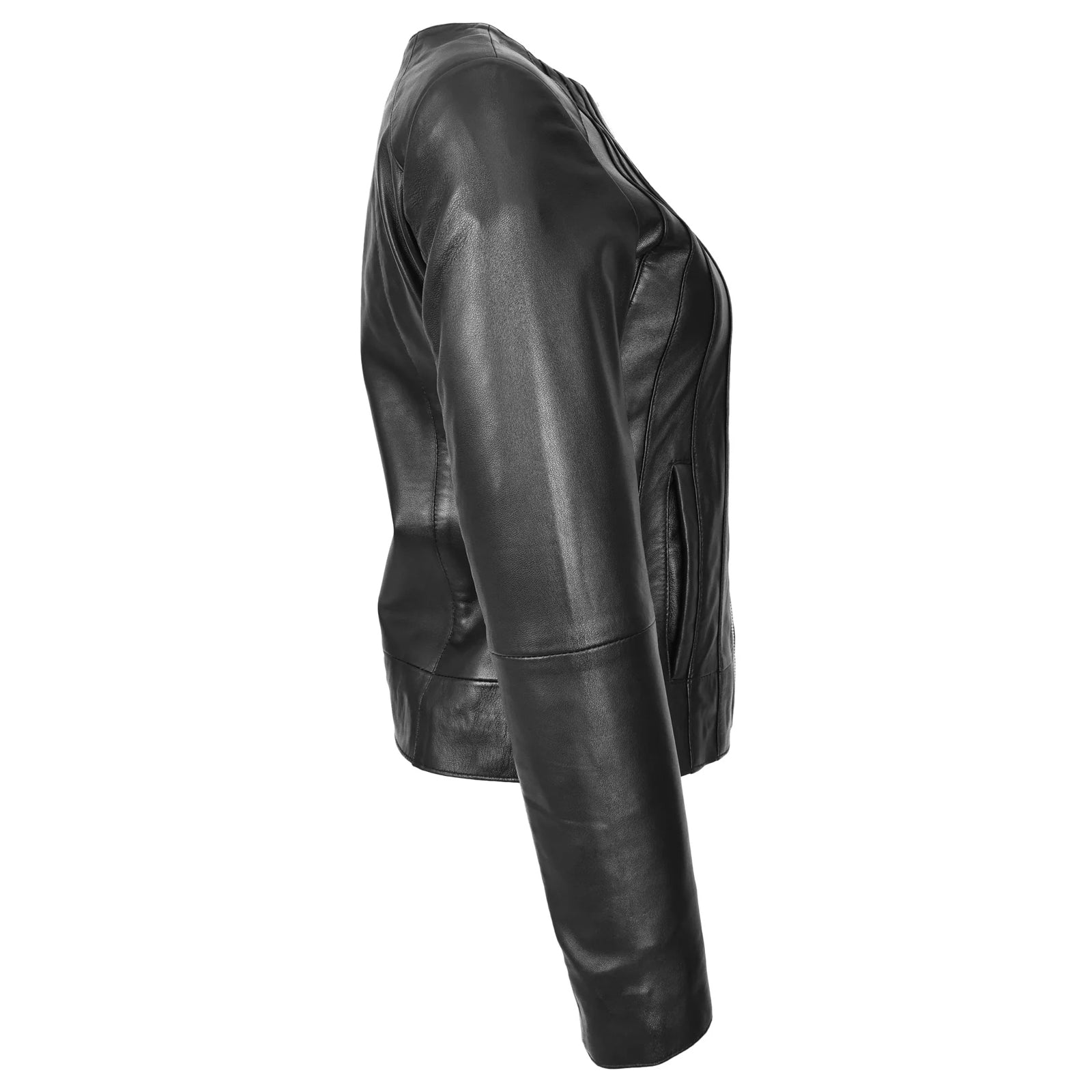 Women’s Real Leather Classic Jacket – Lottie Black Collarless Design