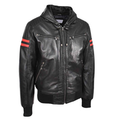 Leather Men's Genuine Lambskin Leather Hooded Bomber Jacket Remmy Black