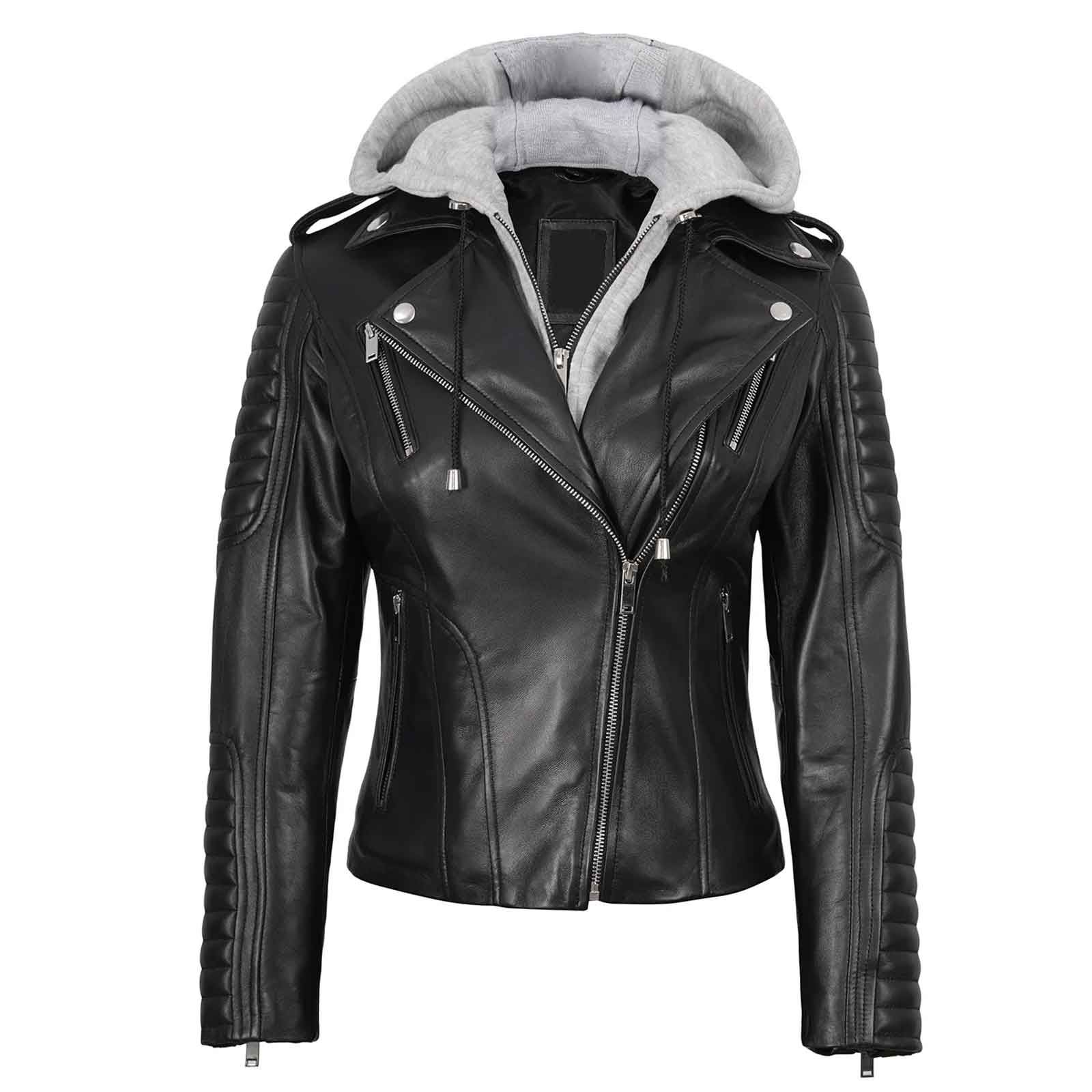 Regals Leather Women's Black Leather Biker Style Jacket With Removable Hood