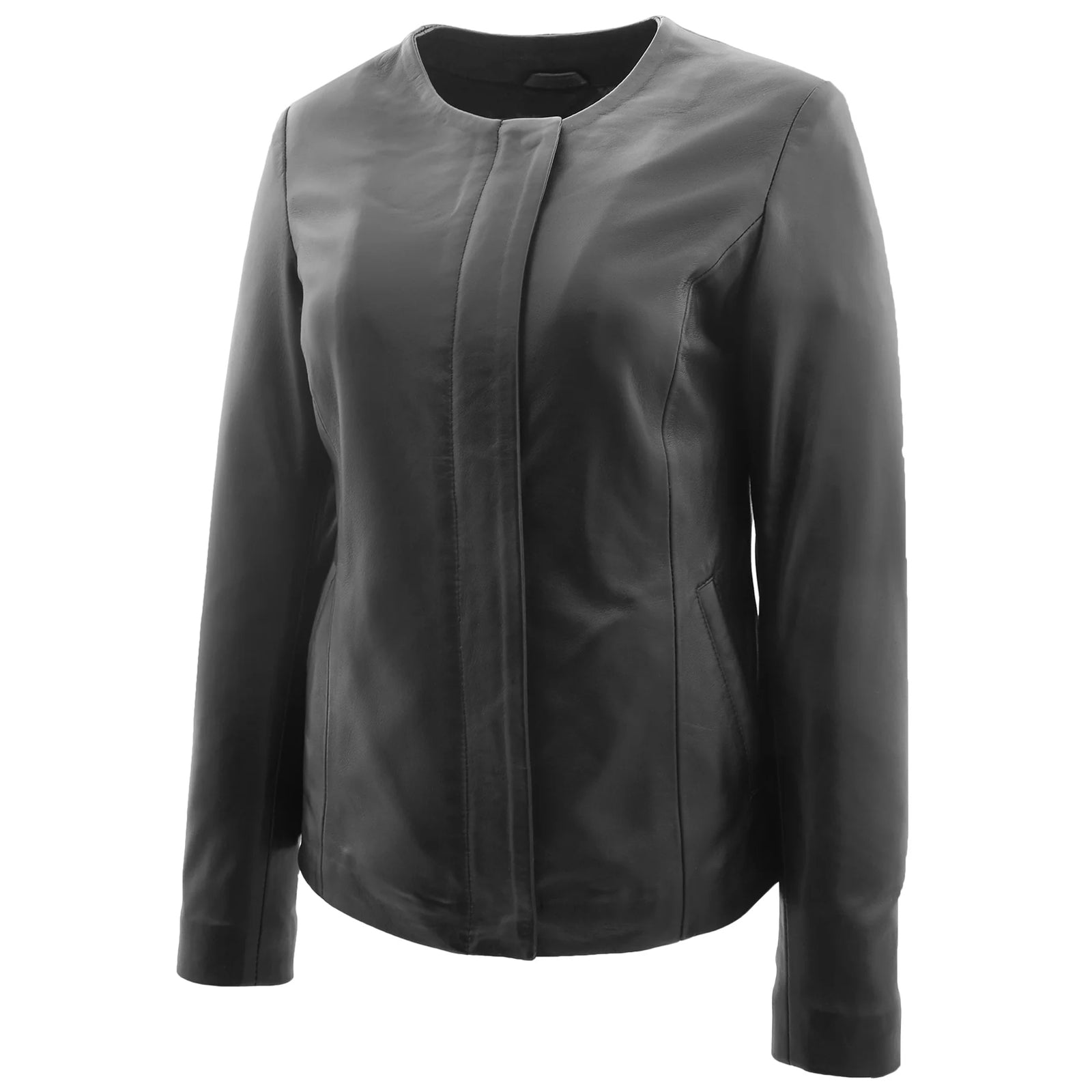 Lambskin Stylish Women's Collarless Round Neck Leather Jacket Moreno Black